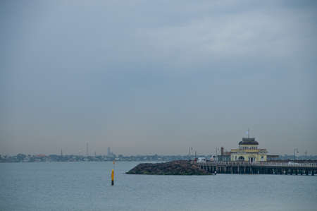 Melbourne St Kilda Pier heritage kiosk with wooden jetty in Melbourne Victoria Australiaの写真素材