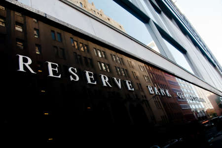 SYDNEY, AUSTRALIA - MAY 5, 2018: Reserve Bank of Australia building name on black stone wall in the center of Sydney NSW Australia.のeditorial素材