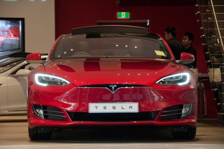 SYDNEY, AUSTRALIA - MAY 5, 2018: Tesla Model SP85 red colour park in a show room in Sydney NSW...