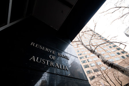 MELBOURNE, AUSTRALIA - JULY 26, 2018: Reserve Bank of Australia name on black granite wall in...