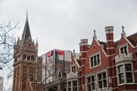 MELBOURNE, AUSTRALIA - JULY 26, 2018: Scots' Church and Westpac bank tower at a corner of Russel St and Collins St in Melbourne Australiaのeditorial素材