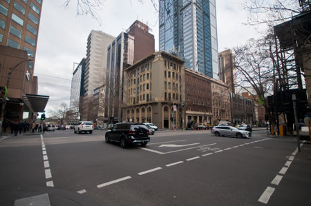MELBOURNE, AUSTRALIA - JULY 26, 2018: Busy streets intersection with Hook Turn sign in Melbourne...