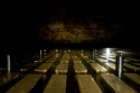 Many gold bars kept in the dark of a safe strong room