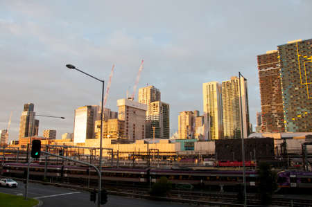 MELBOURNE, AUSTRALIA - JULY 26, 2018: Southern Cross train station and Melbourne Australia skyscrapers backgroundのeditorial素材