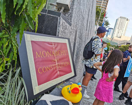 BRISBANE, AUSTRALIA - NOVEMBER 29, 2020: Group of protestors peacefully rally at King George Square, City Hall, in Brisbane Australia to protest the dictatorship of the prime minister Prayuth Chan-ocha in Thailand and also protest to bring Thai Monarchy tのeditorial素材