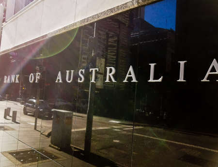 SYDNEY, AUSTRALIA - MAY 27, 2021: Reserve Bank of Australia name on black granite wall in Sydney Australia with lense flareのeditorial素材