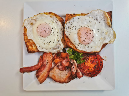 Top view of English breakfast with sunny fried eggs, bacon, tomatoes, ham on Turkish flat grilled bread on white dishの写真素材