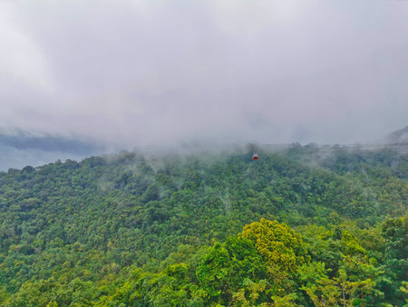 Bright red cable car with double safety sling to the cloudy misty forest in highland mountain in...