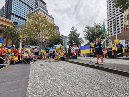 Brisbane, Australia - March 6, 2022: Peaceful gathering and rally demonstration at King Geoge Square from the Ukrainian Community in Queensland and supporters to protest Russia's aggressive invasion of Ukrainian.のeditorial素材