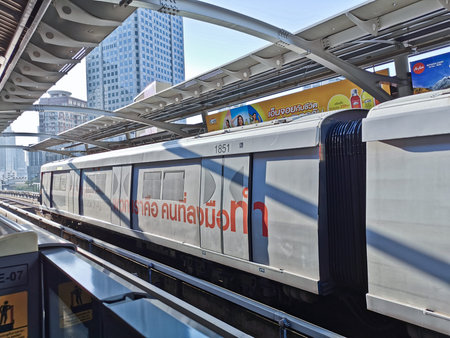 BANGKOK, THAILAND - DECEMBER 7, 2019: Bangkok Skytrain (BTS) stops at the station in the city center...