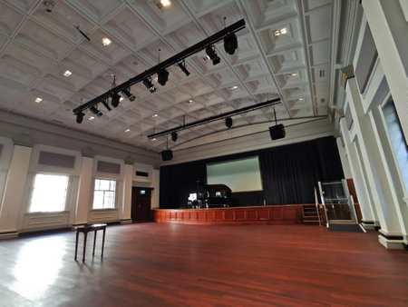 Blank concert grand wooden hall for piano performance to play musicの写真素材