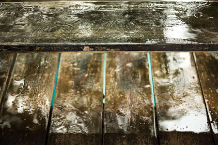 Raindrops on wood, Pool Backgroundの写真素材