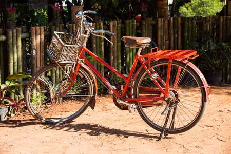 Orange Vintage Bicycle with wicker basket in garden, Countryside, Thailandの写真素材