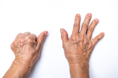 Senior woman's hands  counting 6 isolated on white background, Numbers 1-10 in sign language concept