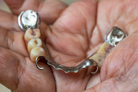 Senior woman's hand holding Artificial teeth, Acrylic and Vitallium metal, Stomatology & False Dentures set concept, Close up & Macro shot, Selective focusの写真素材