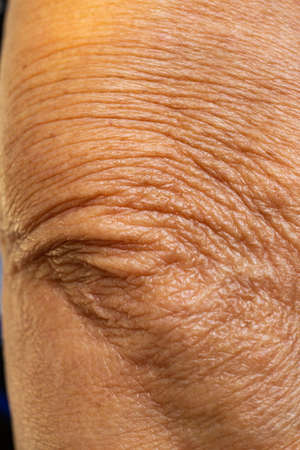 Senior woman's wrinkled elbow, Close up & Macro shot, Selective focus, Asian body skin concept, Abstract backgroundの写真素材