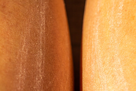 Woman's scratch and  dry  skin on leg, Close up & Macro shot, Asian Body skin part, Healthcare...