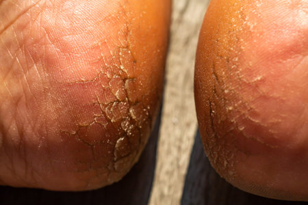 Woman' s heel break skin on wood background, Close up & Macro shot, Asian Body skin part, Healthcare conceptの写真素材