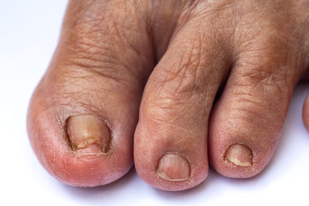 Damaged toenail, Crooked toes, Dry skin in Senior women, White background, Close up & Macro shot,...