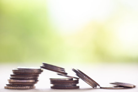 Money Coin Thail on wood in bokeh garden background, King of Thailand, Close up and macro shot, selective focus, Business, financial planning, savings conceptの写真素材