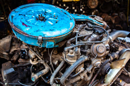 Used engine car parts, Rusty metal texture background, Close up & Macro shot, Selective focusの写真素材
