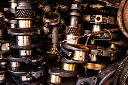 Used engine car parts, Rusty metal texture background, Close up & Macro shot, Selective focusの写真素材