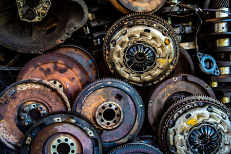 Used engine car parts, Rusty metal texture background, Close up & Macro shot, Selective focusの写真素材