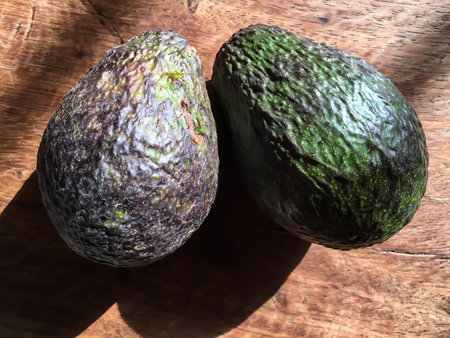 Two Avocado fruits on wood texture background