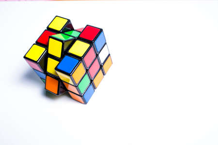 Bangkok, Thailand, 16 December 2017, Rubik's cube  on wood texture background, Rubik's cube invented by a Hungarian architect Erno Rubik in 1974のeditorial素材