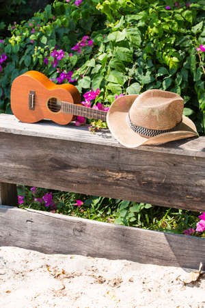 Ukulele guitar on wooden table in bougainvillea gardenの写真素材
