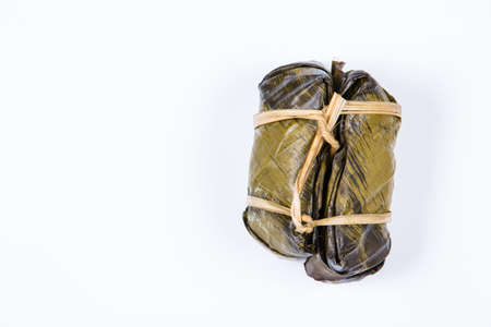 Traditional Thai food style, Banana with sticky rice on white background (Khao Tom Mat or Khao Tom Pad )の写真素材