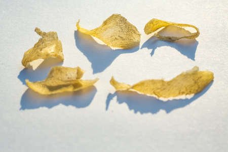 Skin from heel break and peeled, Dermatitis of woman's foot, On white background, Close up and macro shot, Selective focus, Asian Body skin part, Healthcare conceptの写真素材