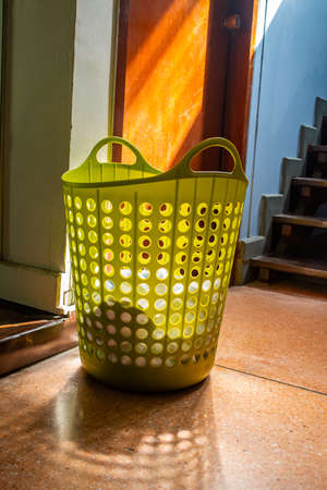 White Towels in green basket on terrazzo floor, About laundry wash conceptの写真素材