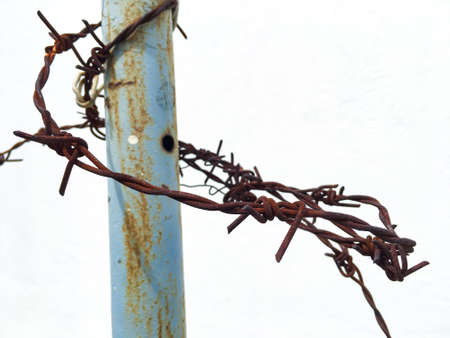Rusty wires hold on pillar in white backgroundの写真素材