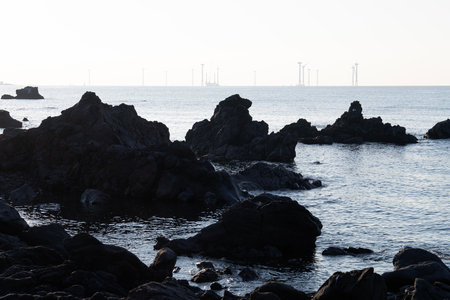 Coastal landscape with wind turbines on the horizon in the afternoon.の写真素材