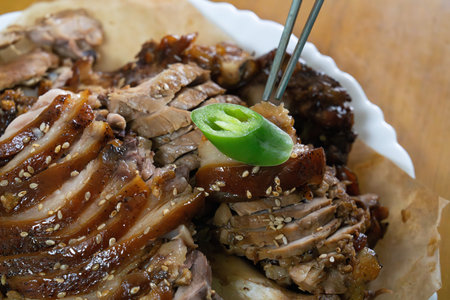 Braised pork shanks with soy sauce on dish
