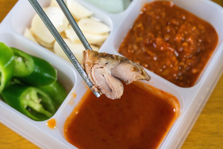 slice of Jokbal, a traditional Korean Cuisine, braised pork shanks with soy sauce.の写真素材