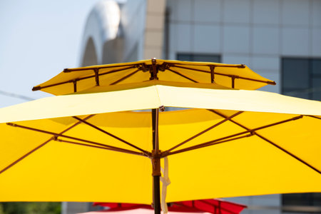 yellow parasol at the seaside cafe. Close-upの写真素材