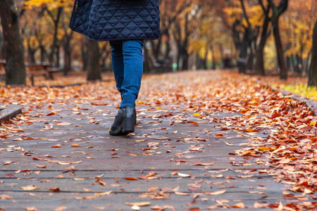 Woman walking in autumn park. Female legs walking in autumn park after rain.の写真素材