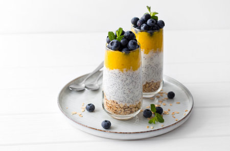 Healthy vanilla chia pudding in a glass with fresh blueberries and mint. Summer breakfast conceptの写真素材