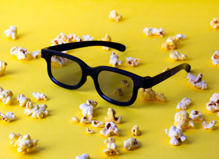 Popcorn and 3d glasses at yellow table. Concept of entertainment and cinema.