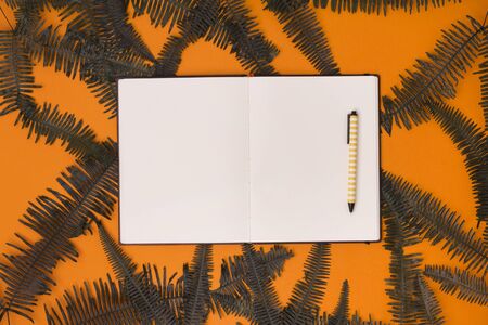 Autumn or fall background with fern leaves and note pad at orange tableの写真素材