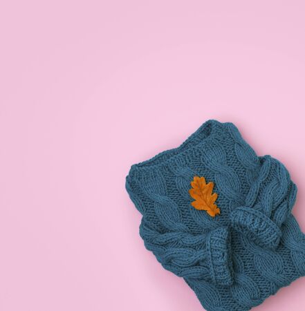 Flat lay top view turquoise cozy knit sweater with oak dry leaf on pink backgroundの写真素材