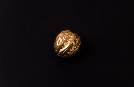 Painted golden walnut on black background. Christmas New year decor.