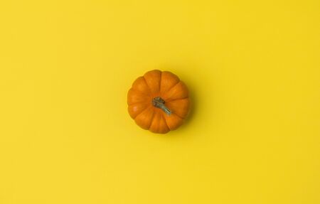 Autumn composition. Pumpkin on yellow background. Fall halloween concept. Flat lay top view copy spaceの写真素材