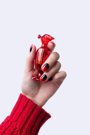 Female hand with red black ombre gradient nails in sweater hold Christmas ornamentsの写真素材