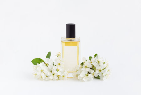 Beautiful composition with bottle of perfume and flowers on white background. Minimal style floral...