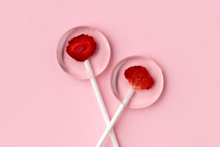 Homemade lollipops made from natural dehydrated berries on pink background. Healthy no sugar sweets vegan vegetarian food concept.の写真素材