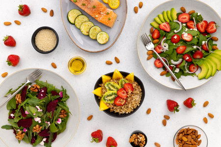 Lot of summer vegetarian meal on table. Flat lay top view healthy food lunch dinner concept.