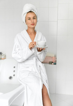 Young woman drink coffee in bathroom. Skin care routine. Slow living stop rushing enjoying life...